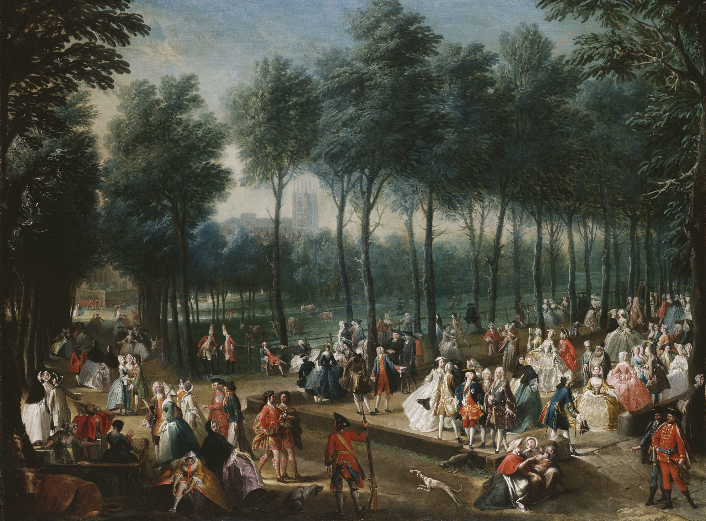 Painting of lots of people socialising outdoors in a palace garden, dressed as in the regency era.