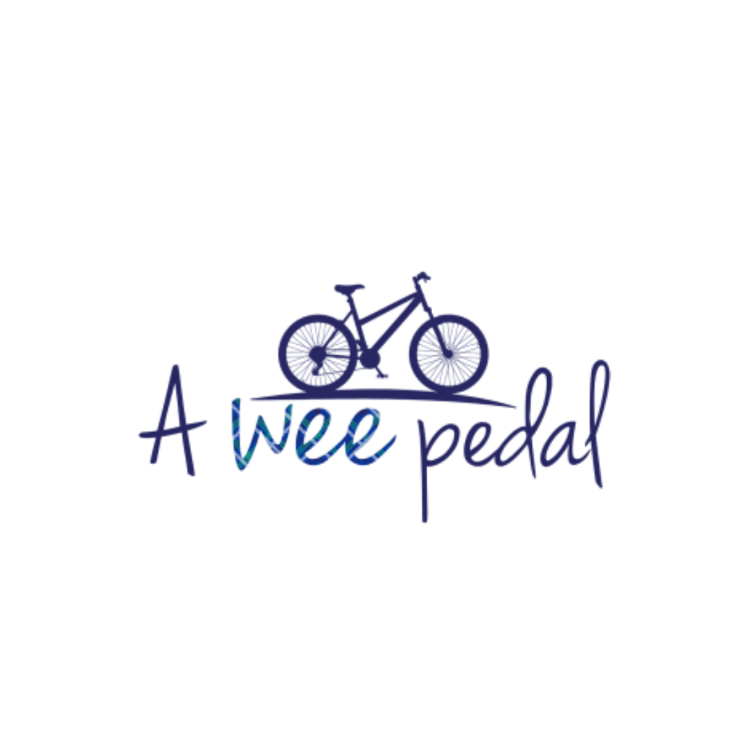 Blue logo of a bicycle with text: A Wee Pedal.