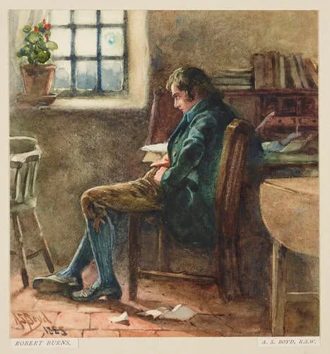 Watercolour painting of Robert Burns from 1988. He sits in a wooden chair at a desk with lots of books, next to a window.